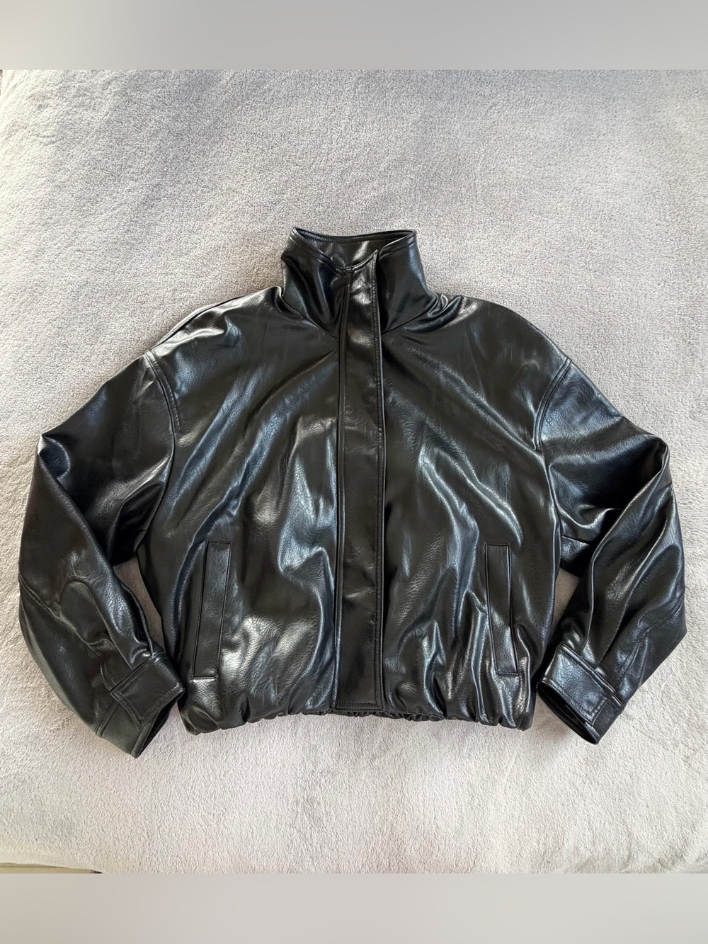 Zara Black Women's VOLUMINOUS Leather Effect Zip-Front Bomber Jacket Size M